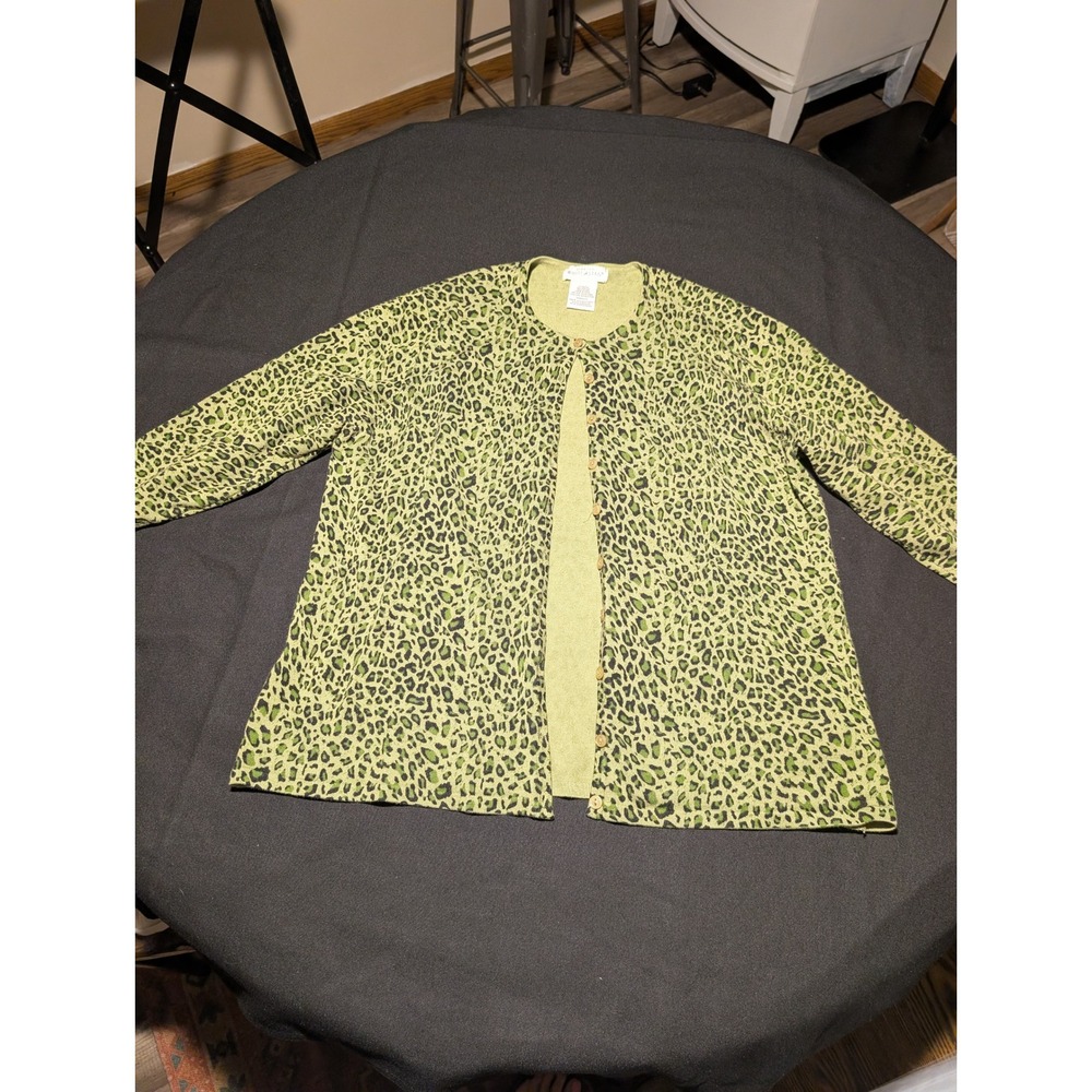 White Stag Women XL Avocado Twist Green Leopard Print Button Front Cardigan